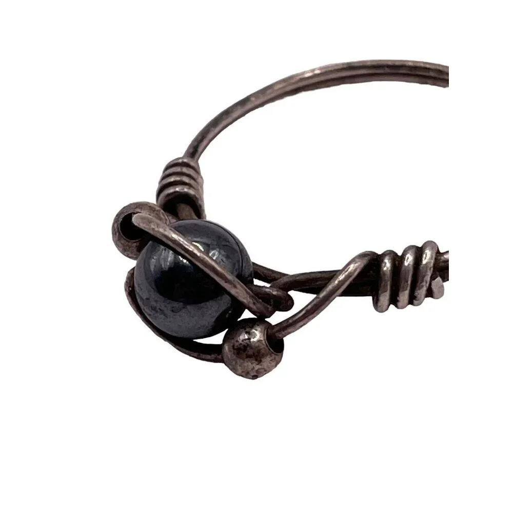 Hematite Sterling Silver Wire Wrapped Ring Size 7.75 Artisan Modernist Brutalist